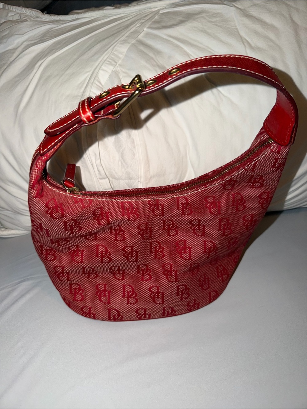 Dooney & Bourke Vintage Small Red Signature Monogram Hobo Bag - Picture 2 of 5